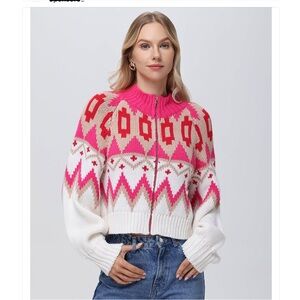 525 America Fair Isle sweater bomber jacket in cabaret multi color, size medium